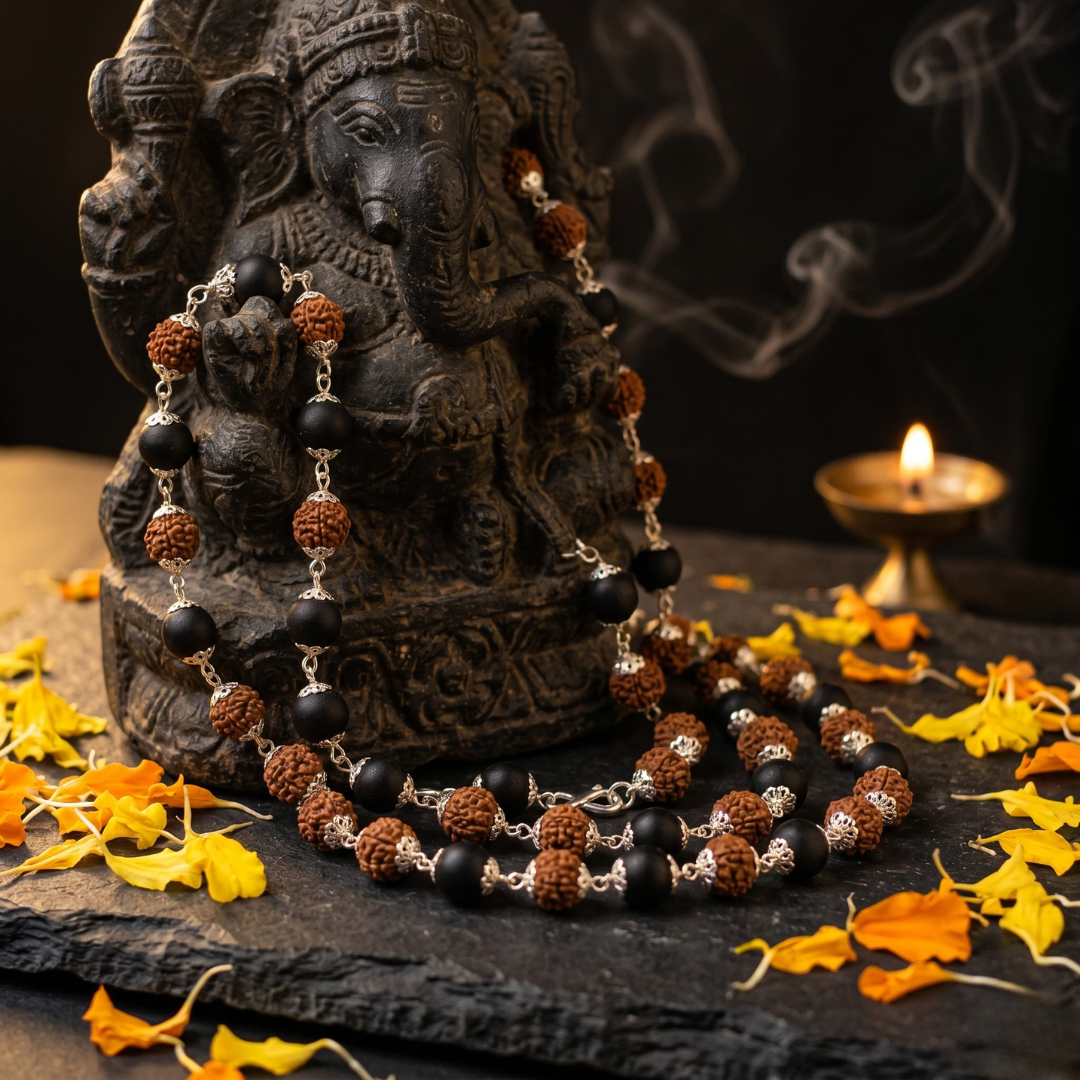 🔱 Agniveda Silver Plated Divya Rudraksha Karungali Mala(Free Rudraksha Mala)