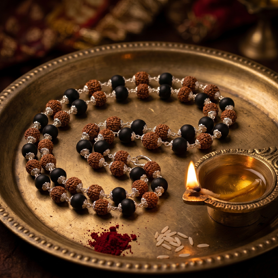 🔱 Agniveda Silver Plated Divya Rudraksha Karungali Mala(Free Rudraksha Mala)