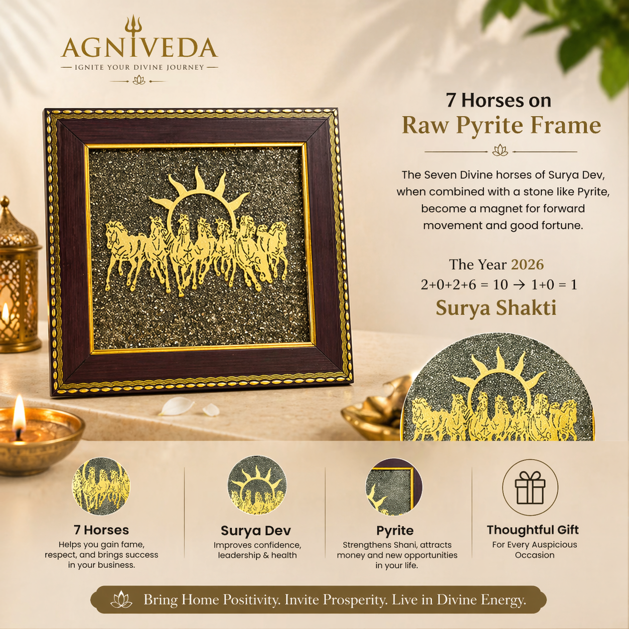 Agniveda 7 Horses Pyrite Frame with Pyrite Tortoise