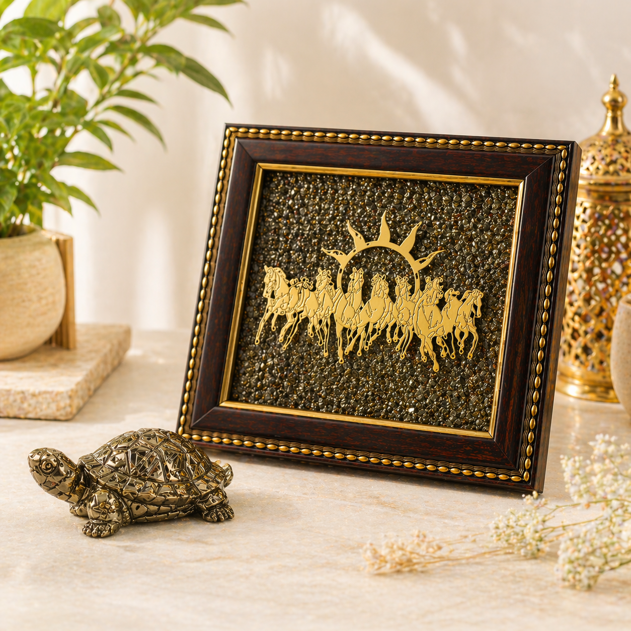 Agniveda 7 Horses Pyrite Frame with Pyrite Tortoise