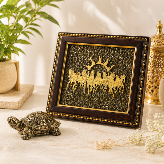 Agniveda 7 Horses Pyrite Frame with Pyrite Tortoise