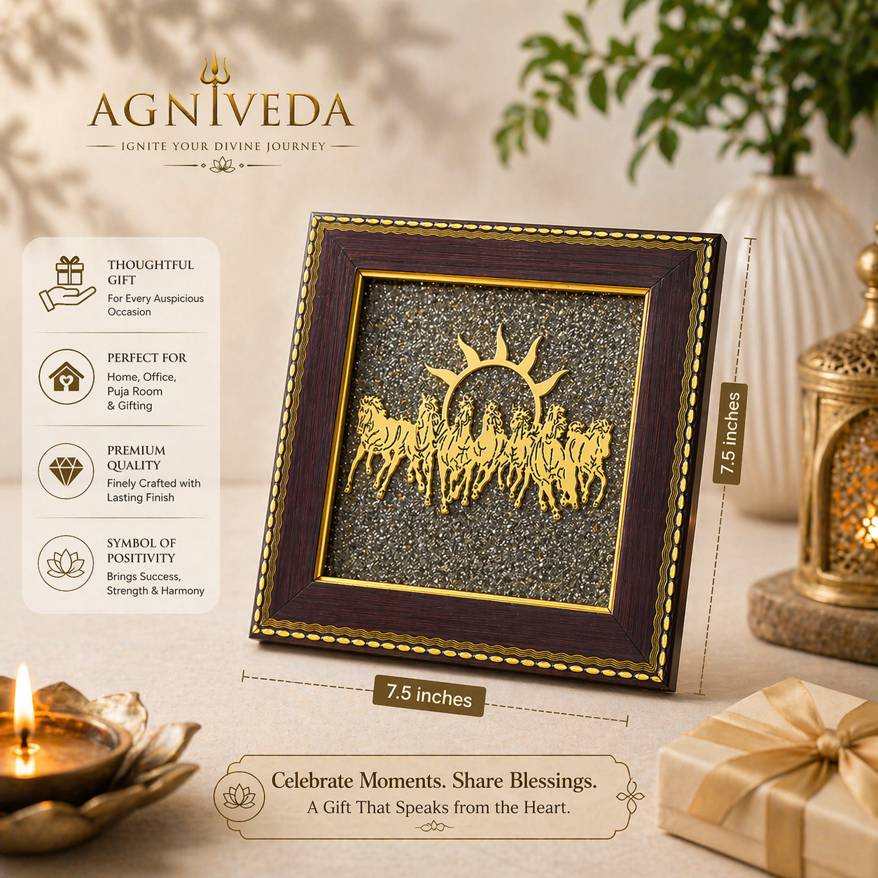 Agniveda 7 Horses Pyrite Frame with Pyrite Tortoise