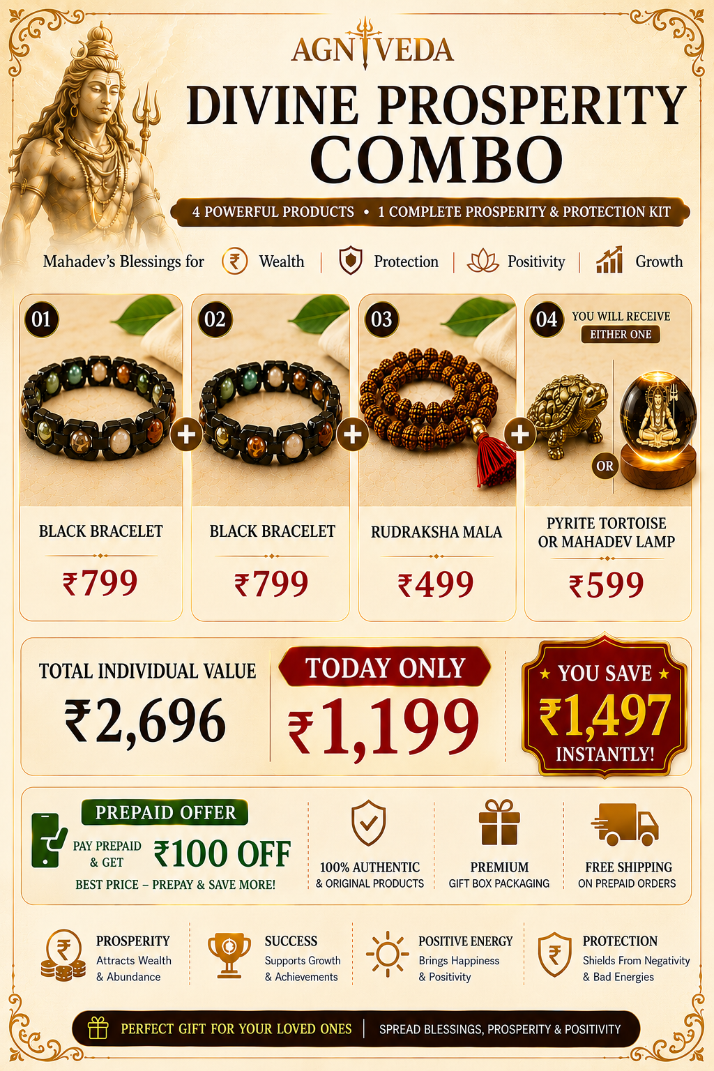 AGNIVEDA™ Rinmukteshwar Dhan Yog Bracelet-Pack Of 2 (Free Pyrite Tortoise /Mahadev Crystal Lamp)